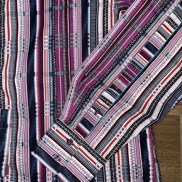 Robert Graham Embroidered All Over Print Button Up Long Sleeve Striped Shirt L - Picture 2 of 6